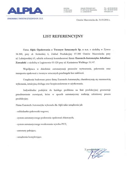 List referencyjny od Alpla Opakowania z Tworzyw Sztucznych Sp. z o.o.